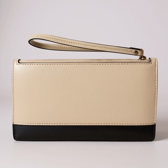 Kate Spade Two-Tone Saffiano Leather Wristlet Wallet Beige Black - Picture 2 of 8
